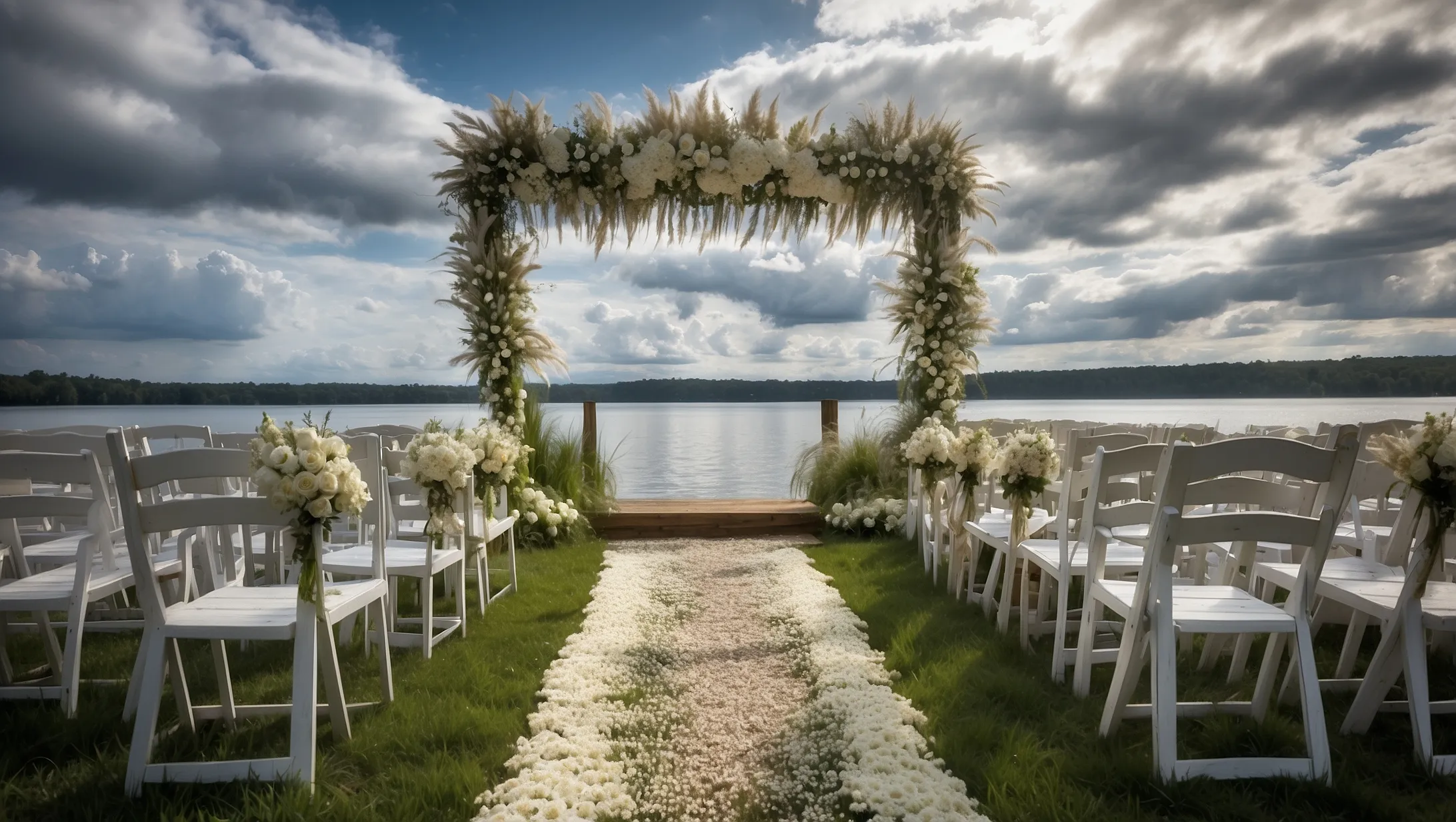 Ein Hochzeitsbogen mit Blumenarrangements in verschiedenen Farben. Im Hintergrund ist ein See zu sehen und davor sind Stühle aufgestellt.