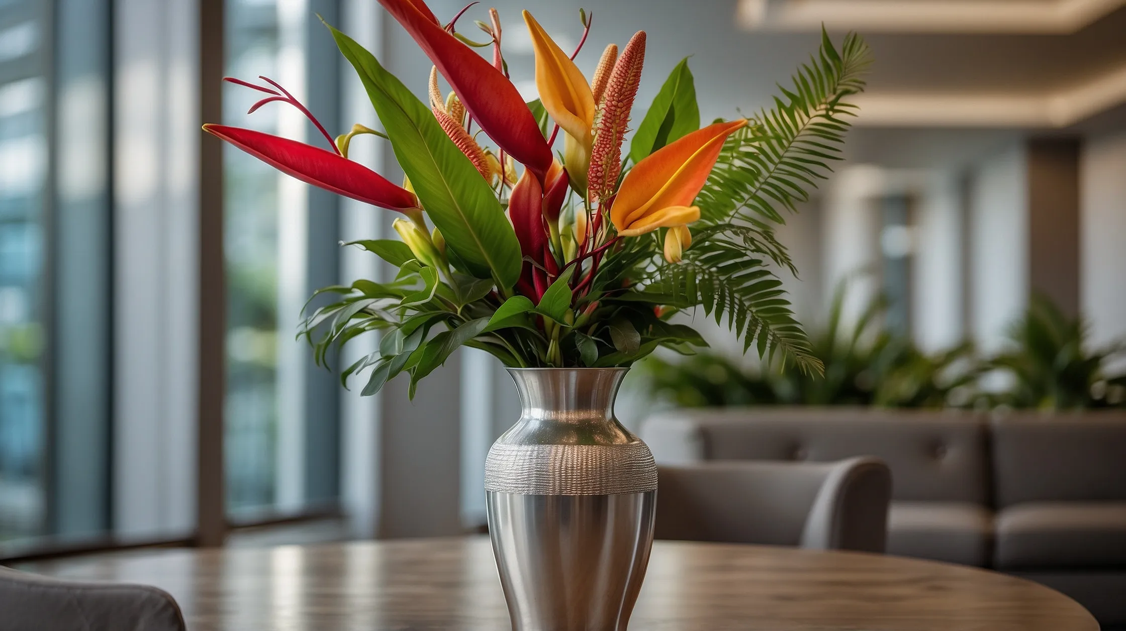 In einem Büroraum steht eine Vase mit frischen Blumen auf einem Tisch. Im Hintergrund sind Pflanzen und Sitzmöbel zu sehen.