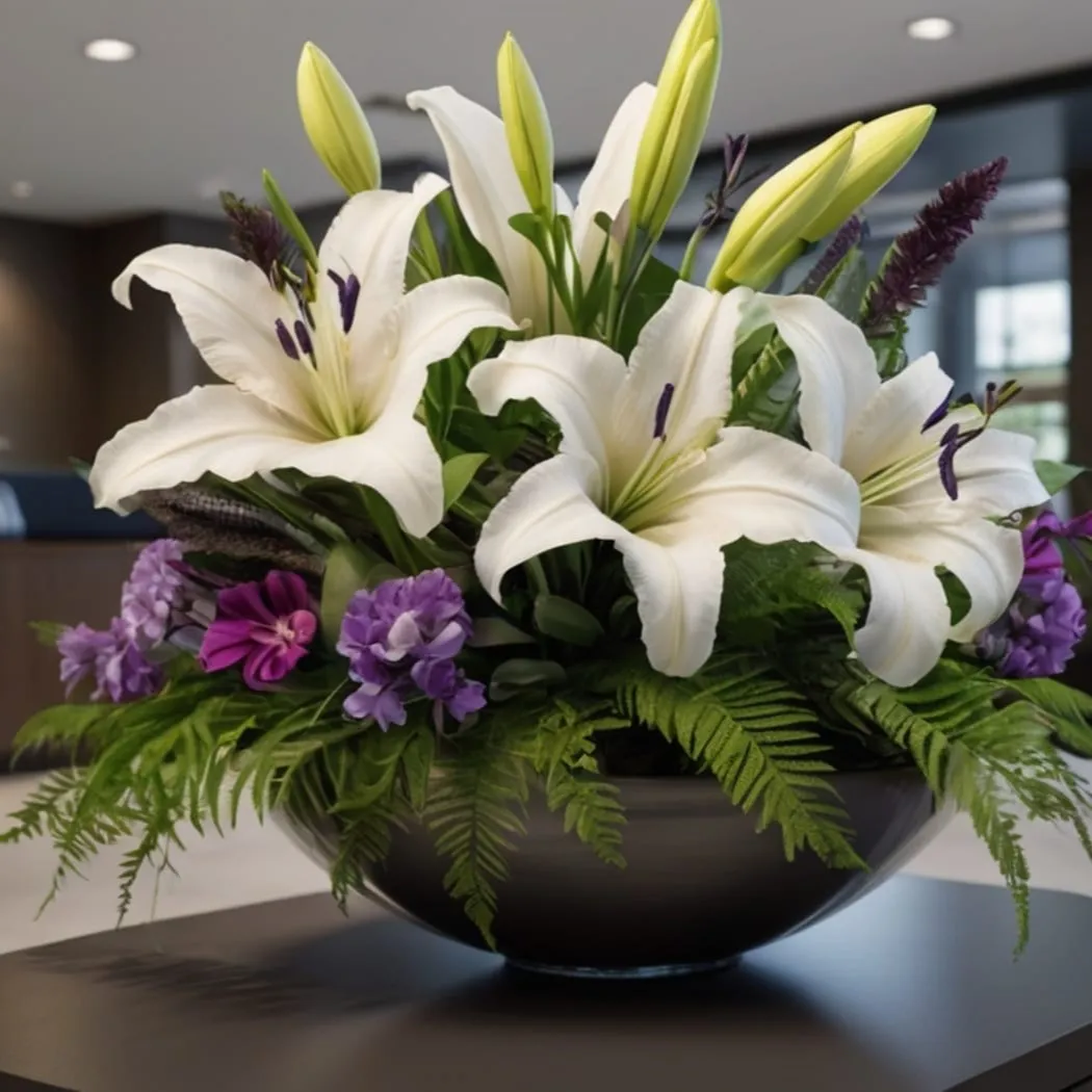 Ein prächtiger Strauß weißer Blumen und Grünpflanzen in einer Metallschale dekoriert den Eingang eines Büros