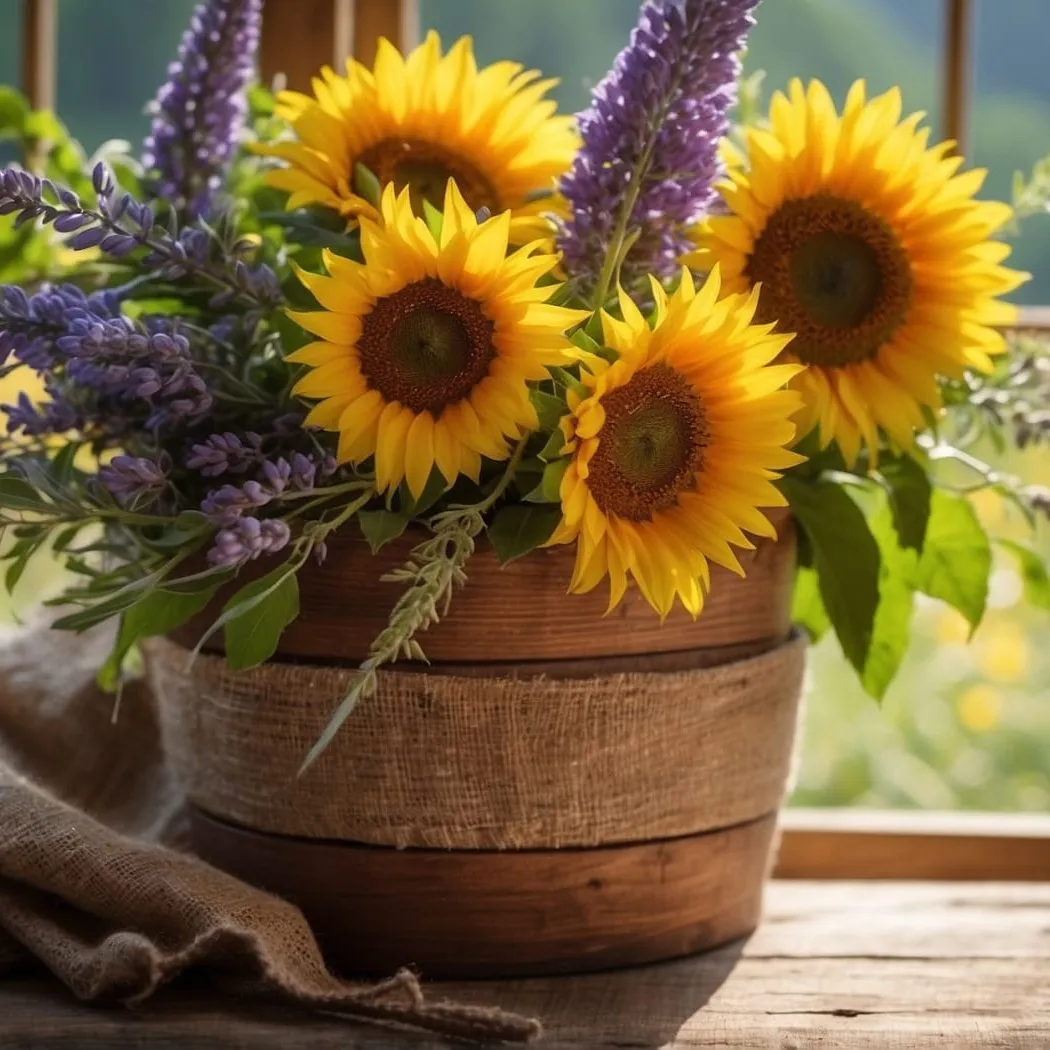 Sonnenblumen in einem Holzgefäß