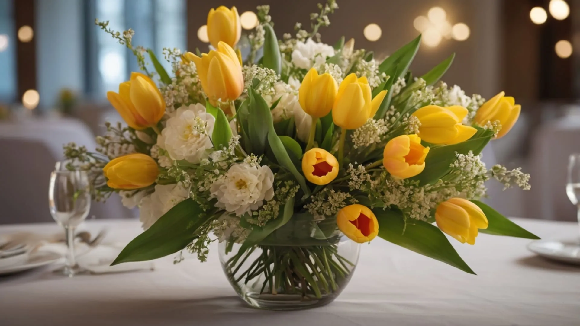 Gelbe Tulpen und weiße Blumen in einer Vase auf einem Tisch.
