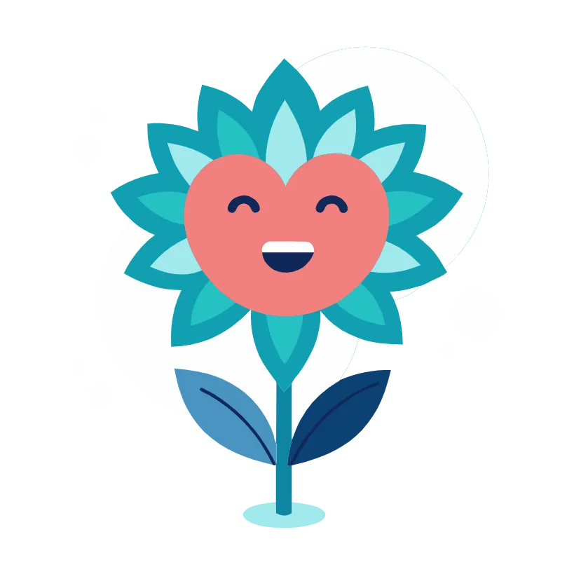 Eine Vektorgrafik zeigt eine lachende und fröhliche Blume mit einem Gesicht und einem langen Stängel.