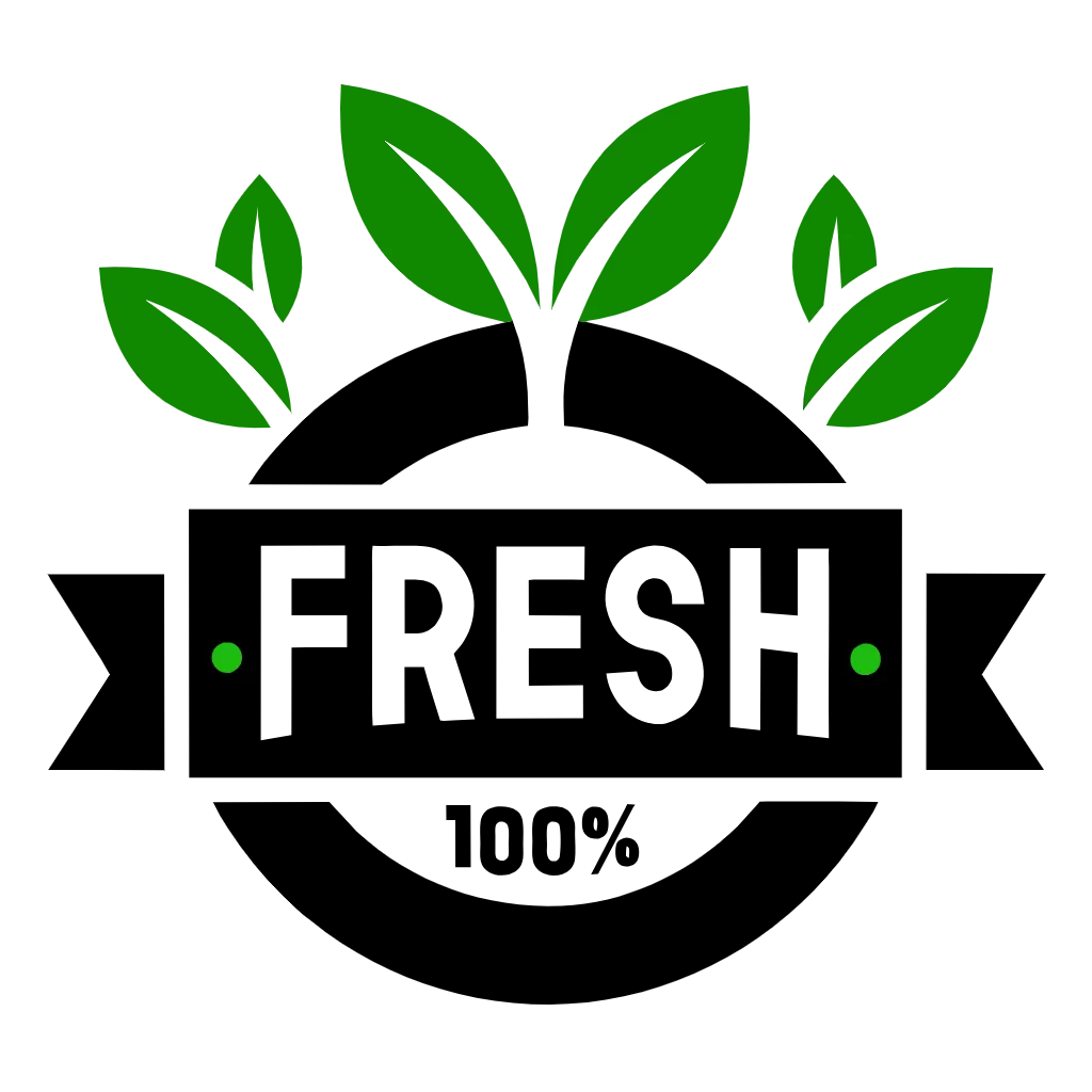 Eine Vektorgrafik zeigt ein Emblem mit herausragenden Blättern. In der Mitte steht ein Fresh, 100%.