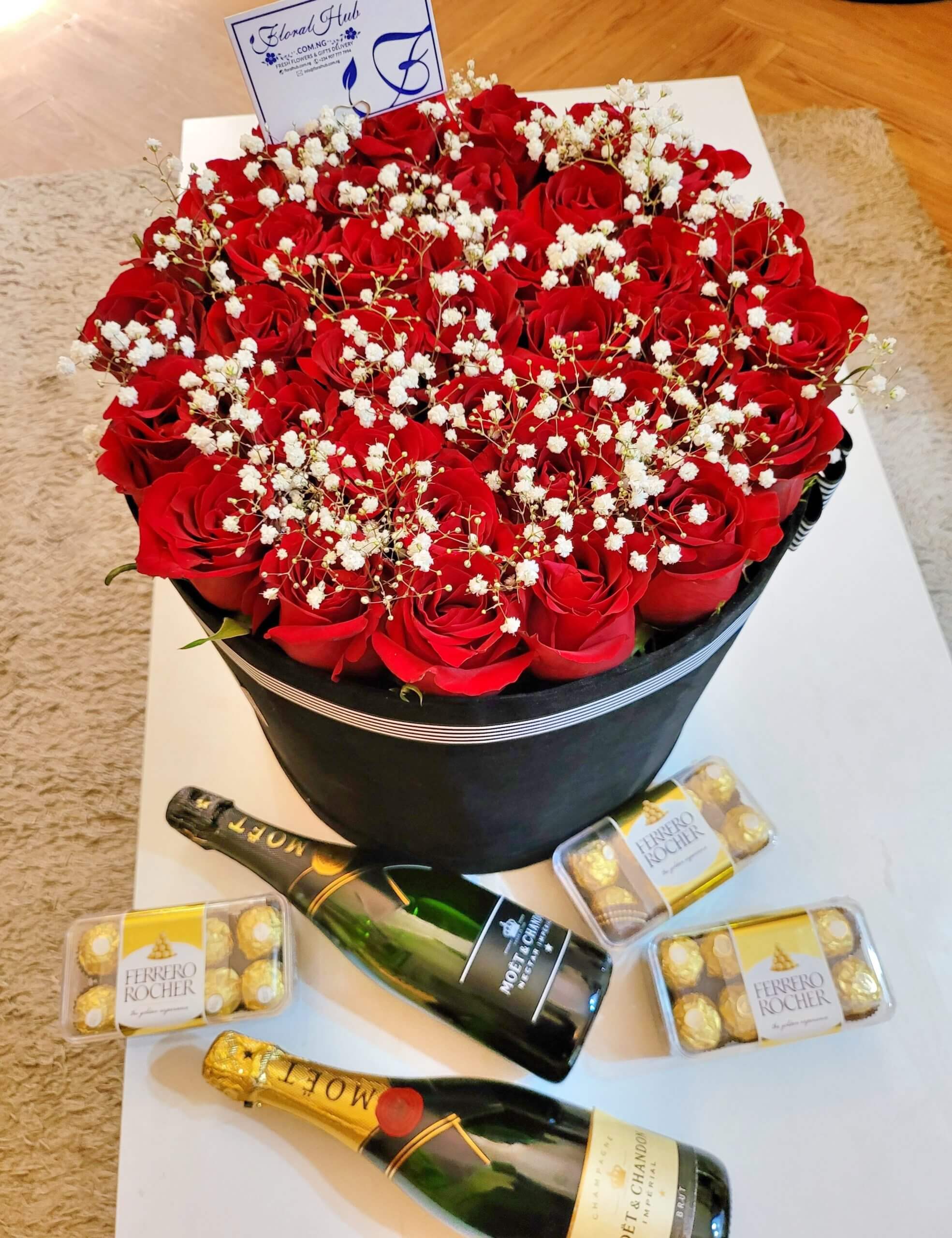 Bologna Box Arrangement - Box of red roses and million stars | Floral Hub