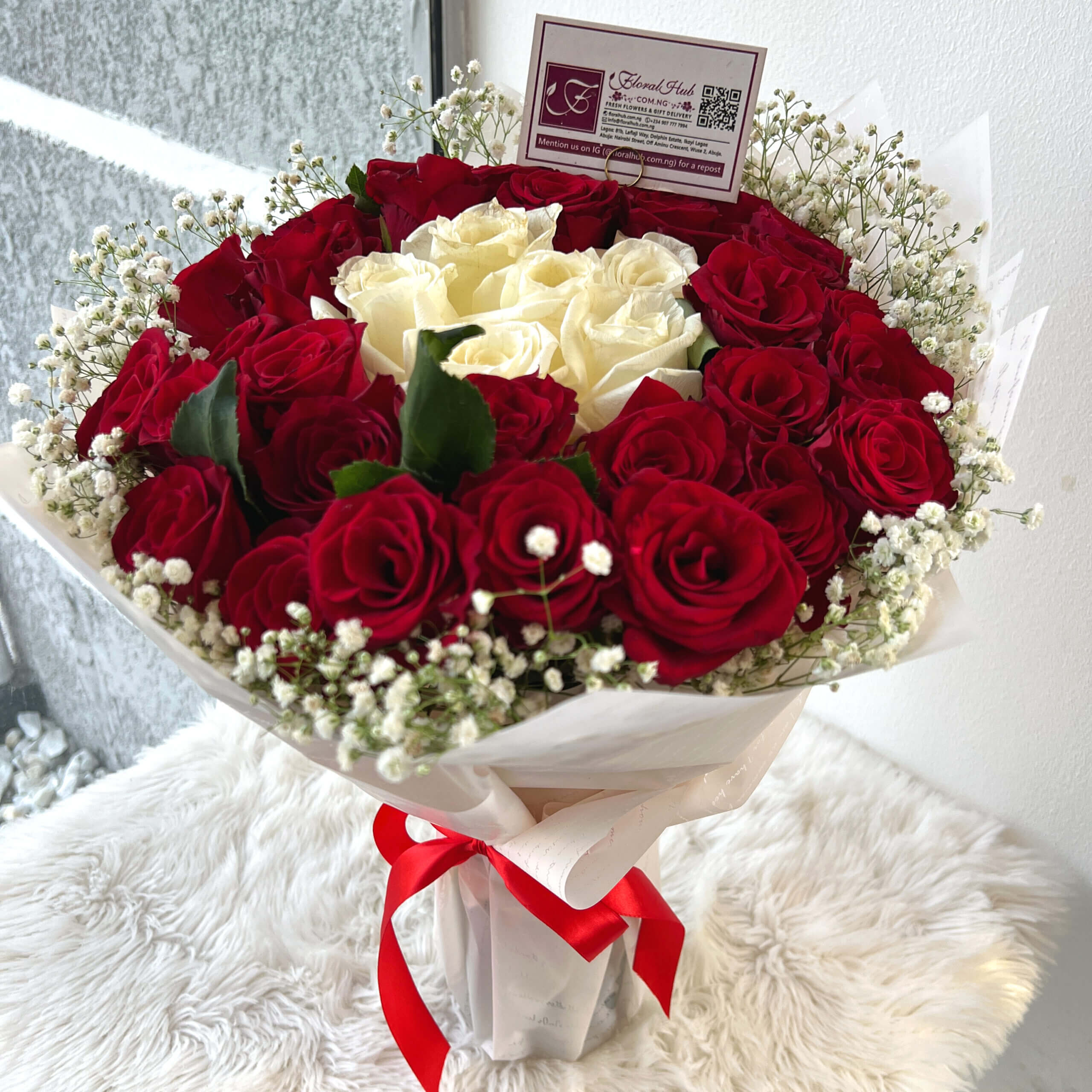 White and Red Roses with Million Stars FLORALHUB 1