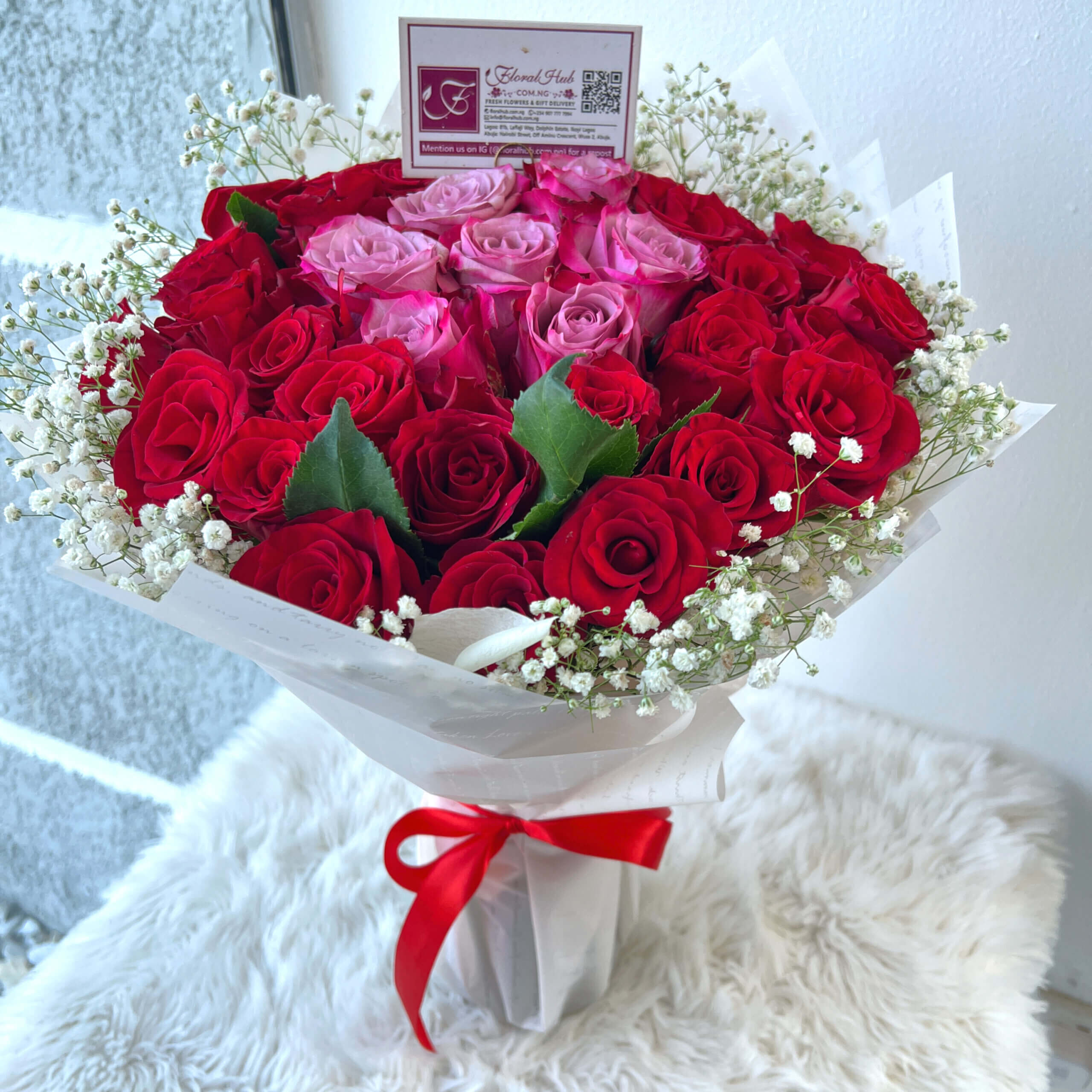 White and Red Roses with Million Stars FLORALHUB