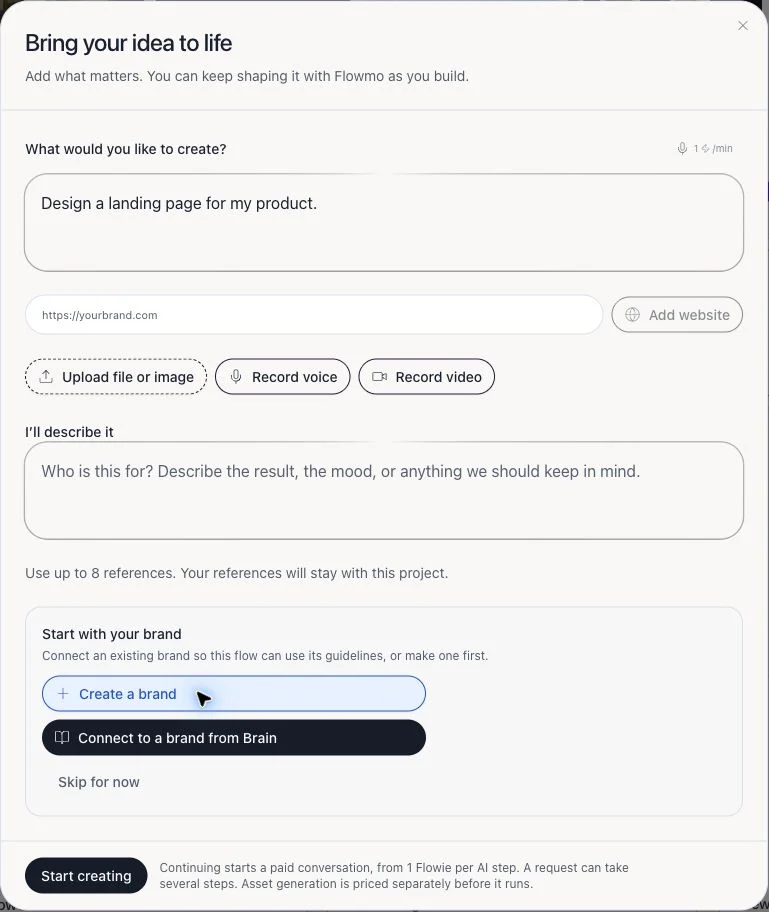 Actual Bring your idea to life dialog showing the brief, reference inputs, and Create, Connect, or Skip Brand choices.