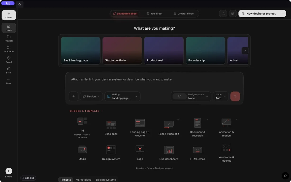 flowmo dashboard showing the work-mode switch, outcome prompt, example cards, and Designer project-type chooser