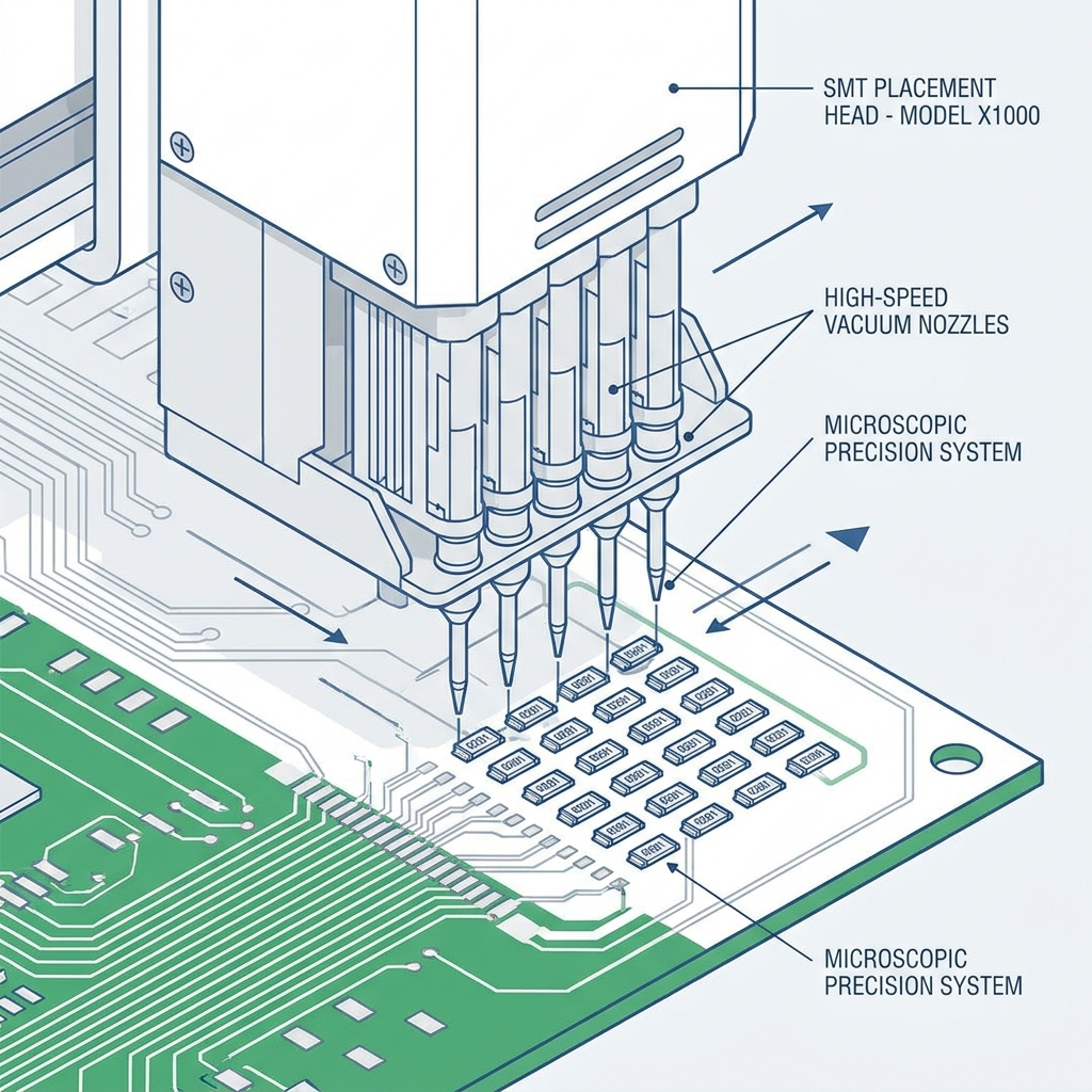 Modern SMT pick and place machine head with multiple nozzles placing 0201 components on a PCB