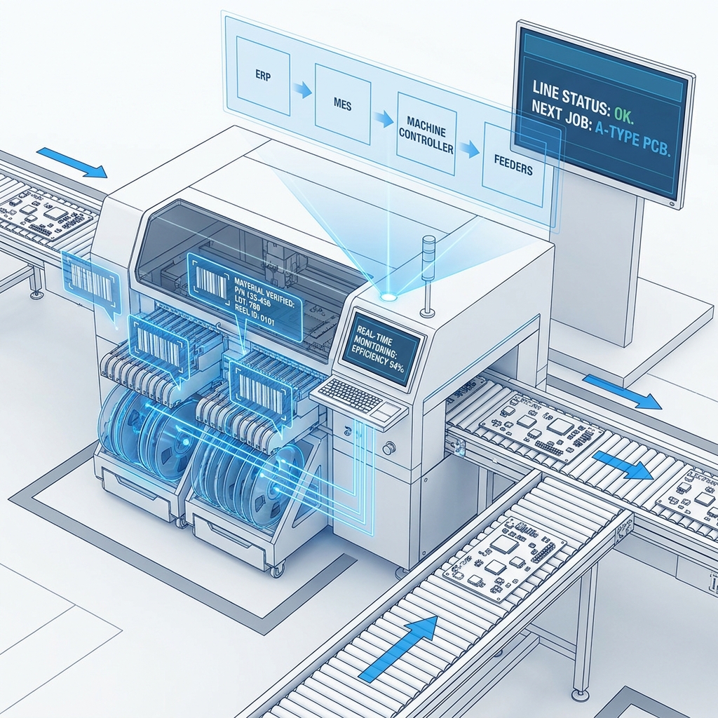 Smart factory SMT line with intelligent feeders and barcode based material verification system