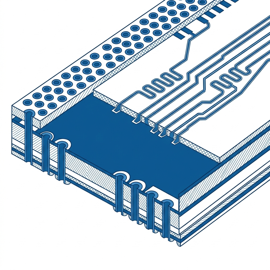 PCB ground plane with via stitching pattern around board edge and high-speed traces