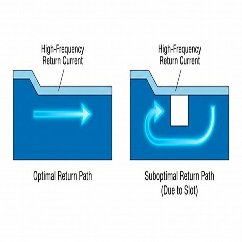 Diagram showing high-frequency return current flowing directly under a signal trace on a ground plane, with a comparison to a slotted ground plane causing detoured return path