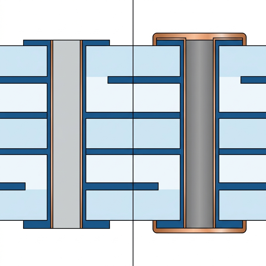 Comparison illustration of non-conductive epoxy filled via versus conductive paste filled via with copper cap plating