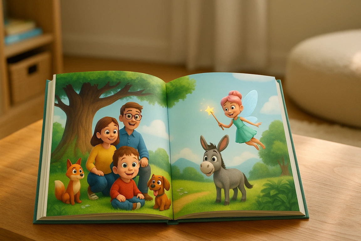 Personalisiertes Kinderbuch aufgeschlagen mit 3D-Figuren