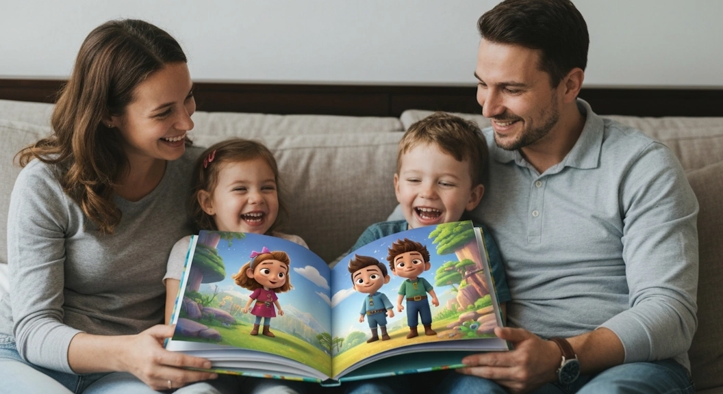 Familie liest zusammen personalisiertes Kinderbuch