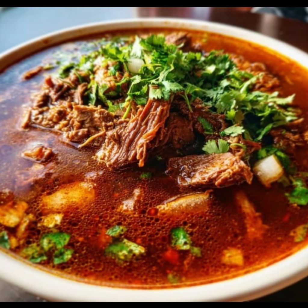 Consomé de birria de res con carne.