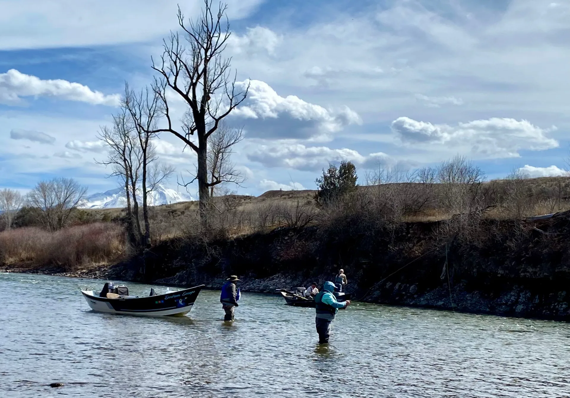Wading during a float on a river