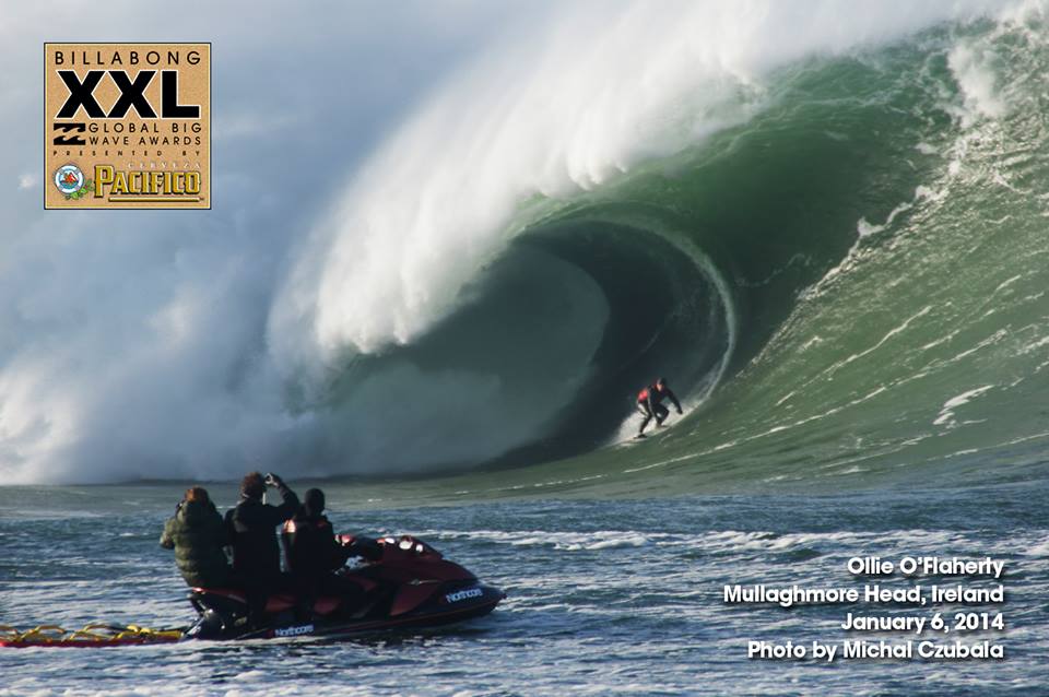 Irish Surfer Ollie O'Flaherty on one of the waves of the day at Mullaghmore, Ireland.