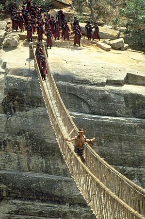 Indiana Jones and the Temple of Doom. They built this suspension bridge over a gorge in Sri Lanka. Apparently director Steven refused to walk across it, so had to drive a mile and a half to reach the other side for filming. Photo: virginmedia.com