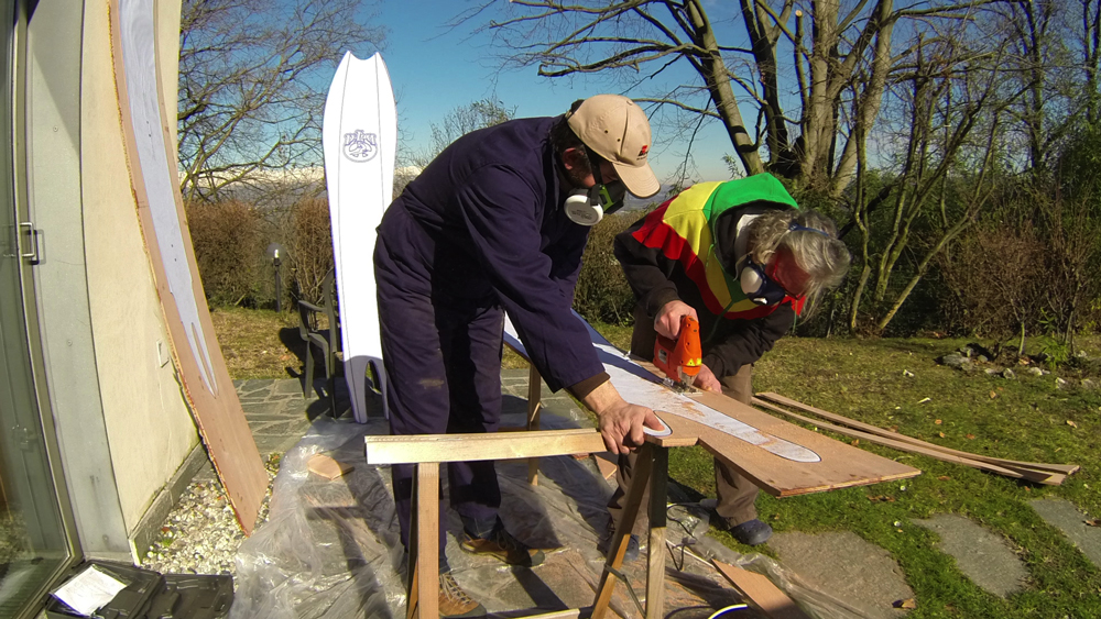 Ettore cutting out one of his new boards with Dario Zaranella. Photo: Ettore Barabino