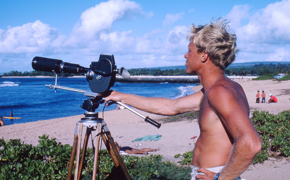 Bruce Brown filming The Endless Summer in 1966. Photo: endlesssummersurfcamp.com