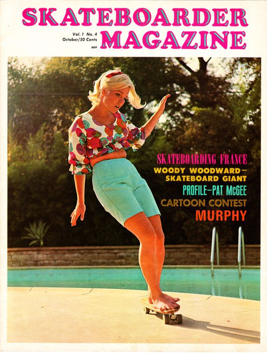 Patti McGee on the cover of Skateboarder Magazine in October 1965