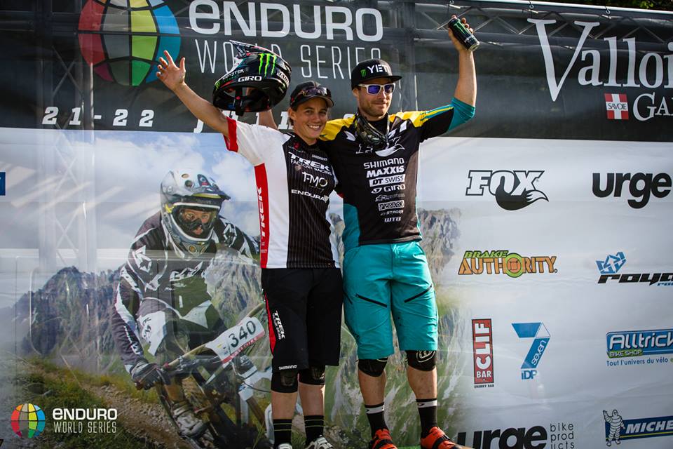 Tracy Moseley and Jared Graves top the podium in Valloire. Photo: Enduro World Series