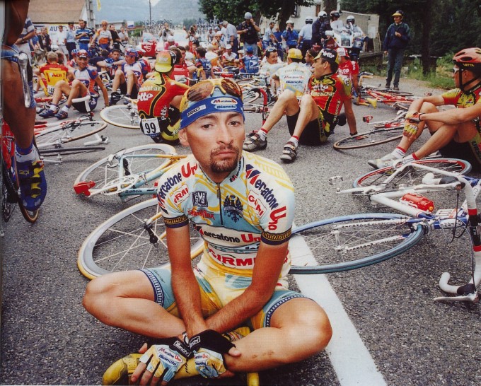 Marci Pantani at the front of a peloton sit down after the Festina Affair. How dare they accuse him of being on drugs.