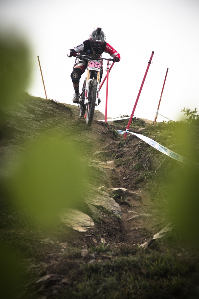 Manon Carpenter launches into one of Meribel's technical rock sections. Photo: Tristan