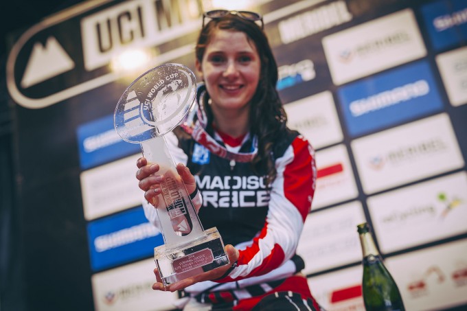 Manon Carpenter shows off her trophy in Meribel. Photo: Laurence Crossman-Ems