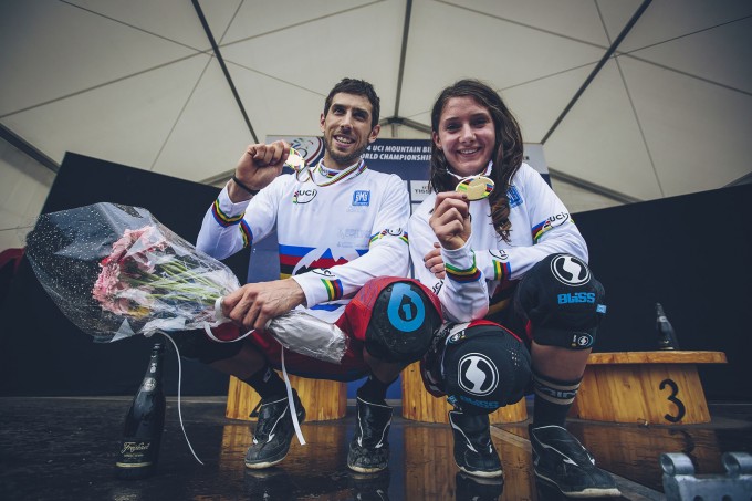 Your new 2014 World Champions, Gee Atherton and Manon Carpenter.