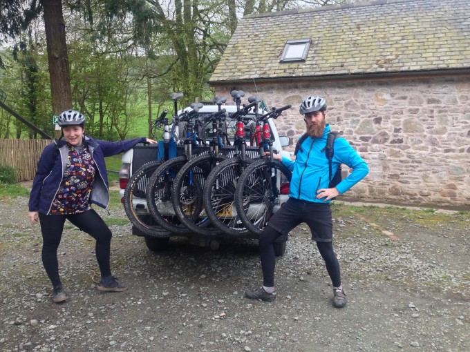 The author and her boyfriend selflessly frame the mountain bikes used on the trip.