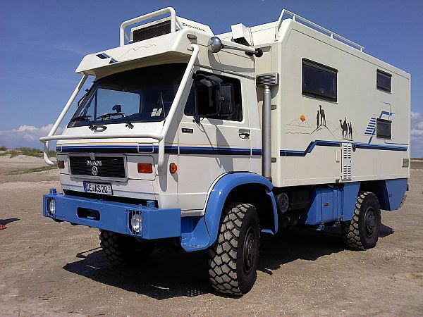 off-road camper van white and blue