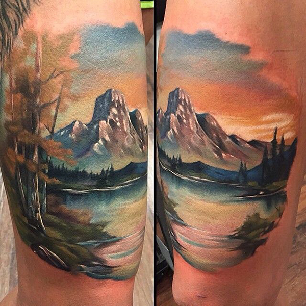 Sorry bout the glare. Mountain desert scene done by Bree Lin at Golden Rule  Tattoo in Phoenix, AZ : r/tattoos