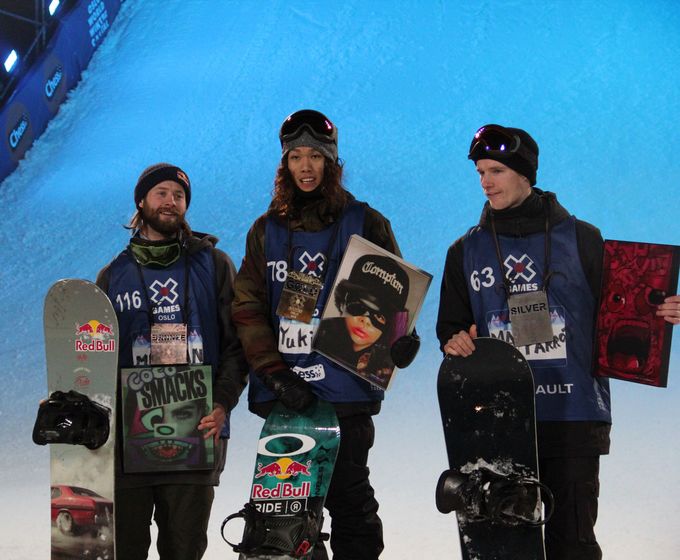 X Games Oslo Bog Air winners Yuki Kadono, Max Parrot, and Billy Morgan - Photo: James Renhard