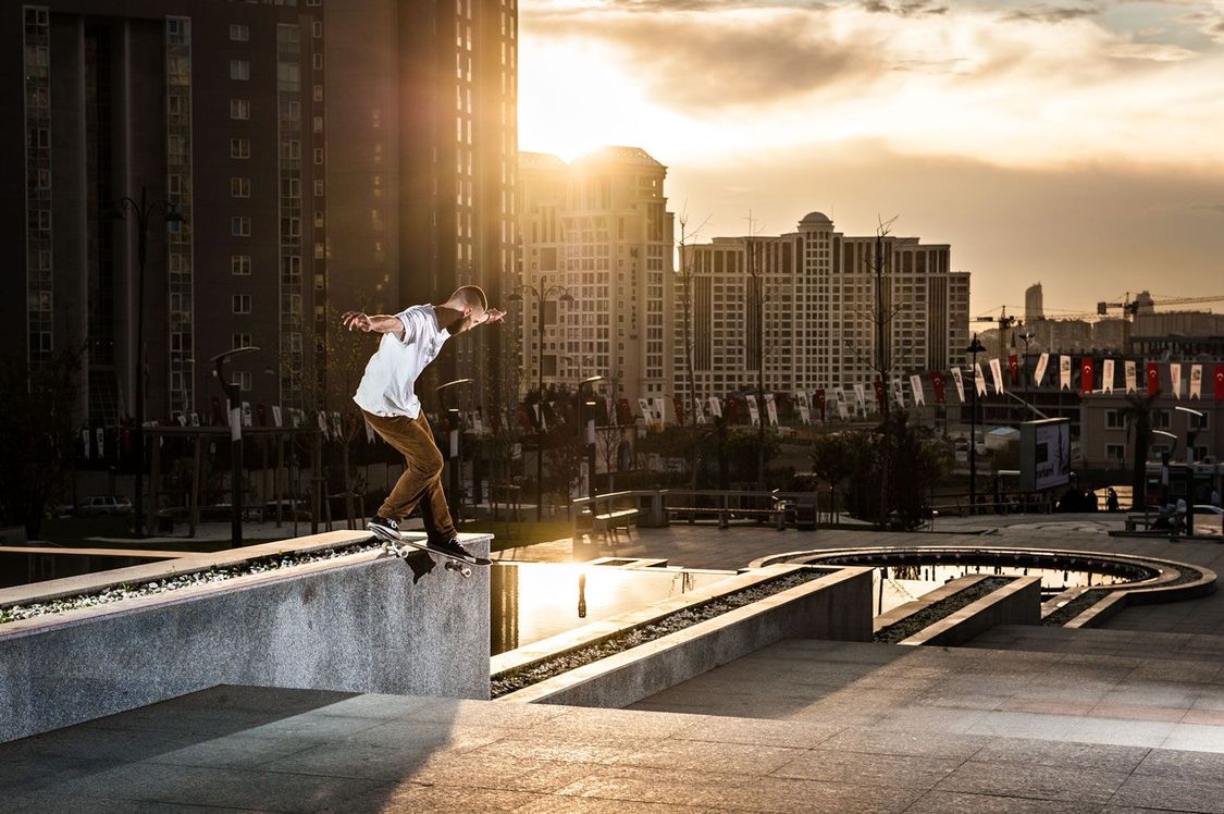 Patrick Rogalski, Backside Smith Grind, Istanbul, Turkey April 2013. Shot on a Nikon D4, with a 24-70mm f/2.8 zoom, 2x Nikon SB 910 flashes and 1x Elinchrom Ranger Quadra RX with an A-Head, triggered with Pocketwizards.