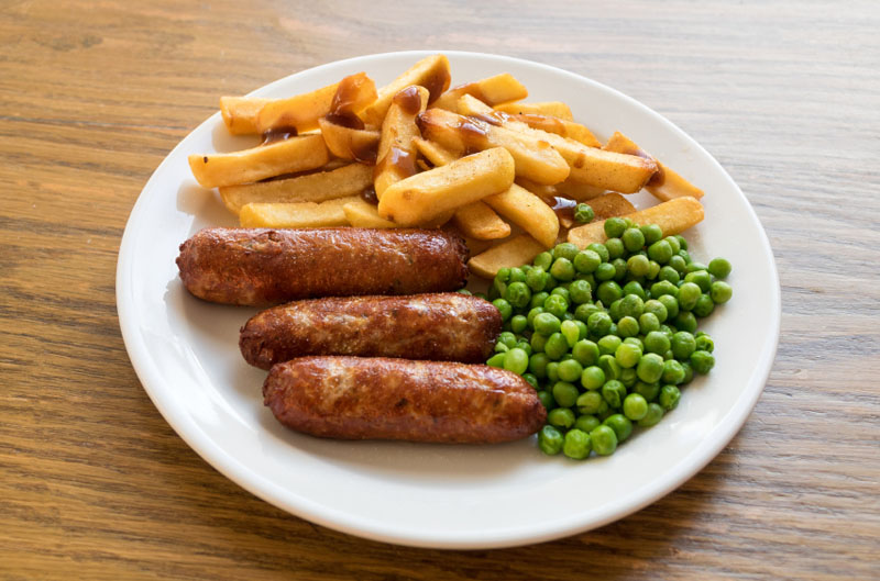 Pub lunch - Sausage and fries with peas