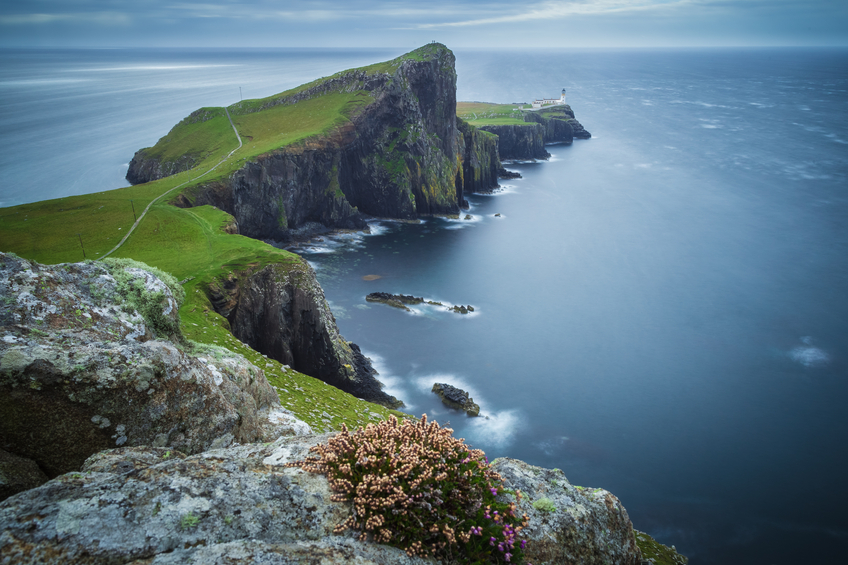 Neist point lighthouse on cloudy day, Isle of Skye, Scotland