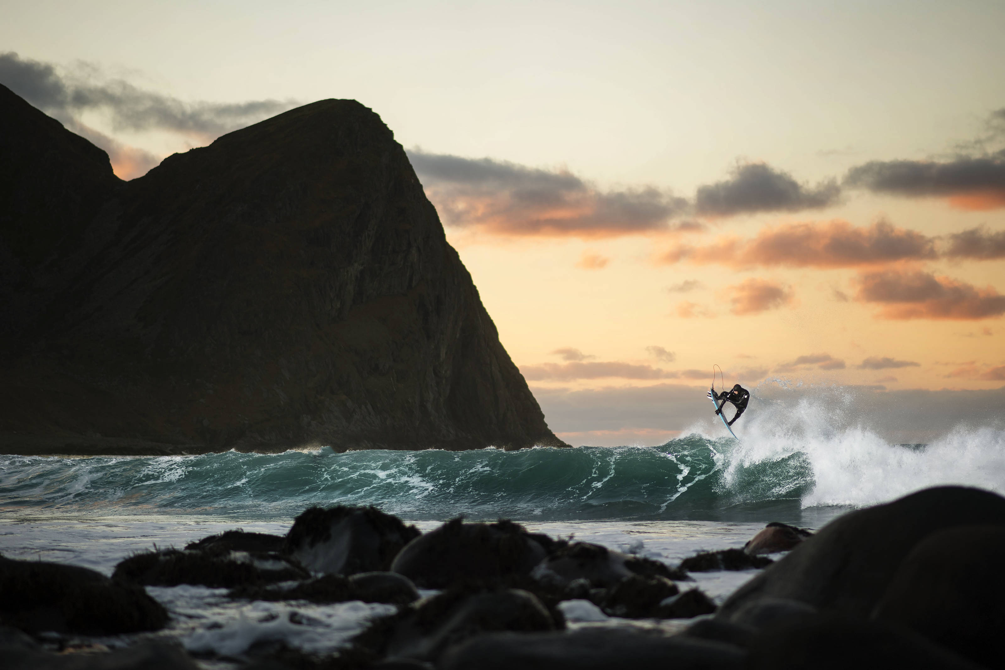 Mick Fanning surfing off Lofoten, Norway in November 2016. Credit: Red Bull Content Pool