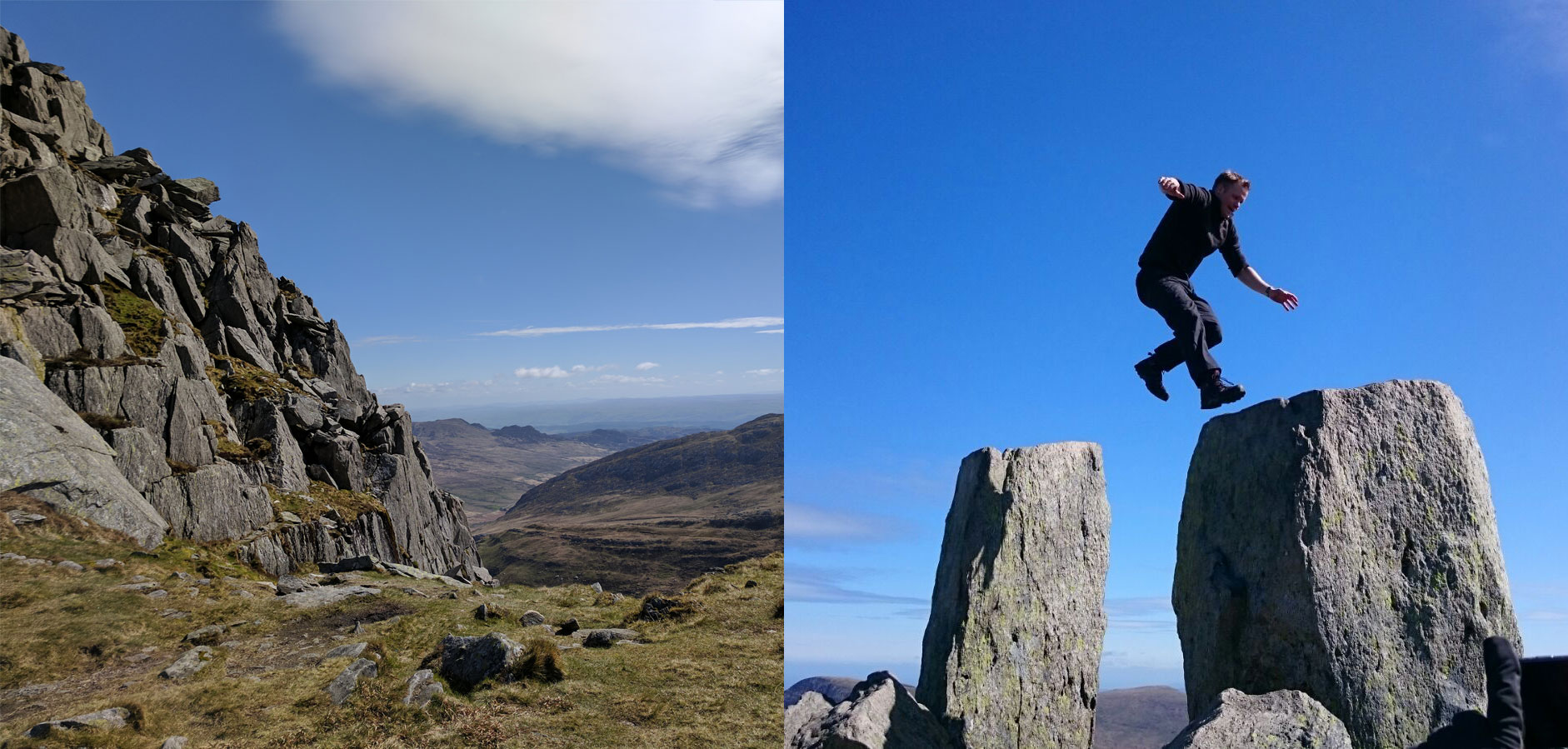 Finding my own way up Tryfan (Left), Tom taking a leap of faith on the 'Adam & Eve' stones (Right)//Photos: Jack Clayton/Glenn Wooldridge.