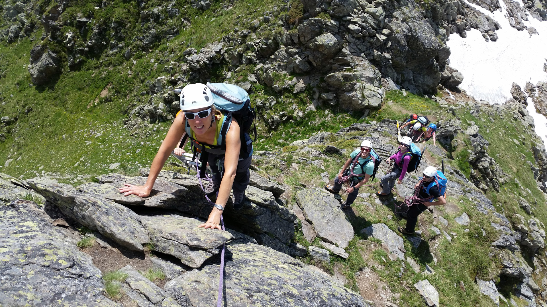 Abi familiarises herself with mountaineering techniques – roped together at the top of the Col du Brévent