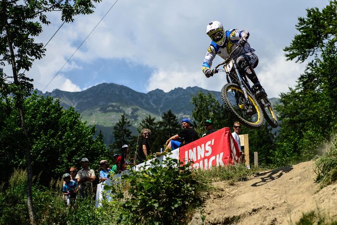 Markus Pekoll of AUT races down the 4.2km track on the Nordkette Singletrail Nordkette Downhill.Pro – Innsbruck Invitational in Innsbruck, Austria, on July 20th 2013. Free image for editorial usage only: Photo by Felix Schueller