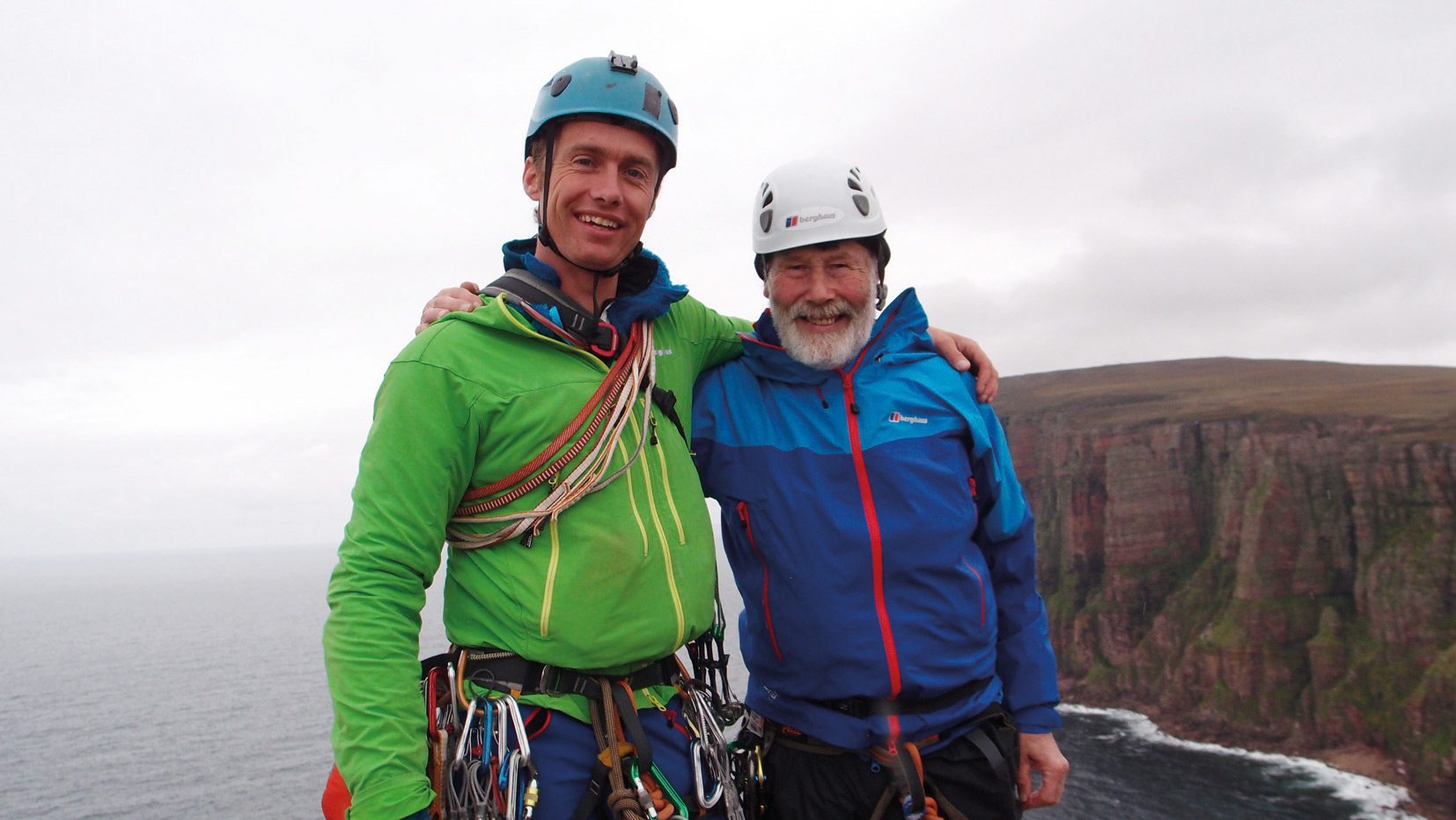 Chris Bonington and Leo Houlding on the summit of Old Man of Hoy in 2014