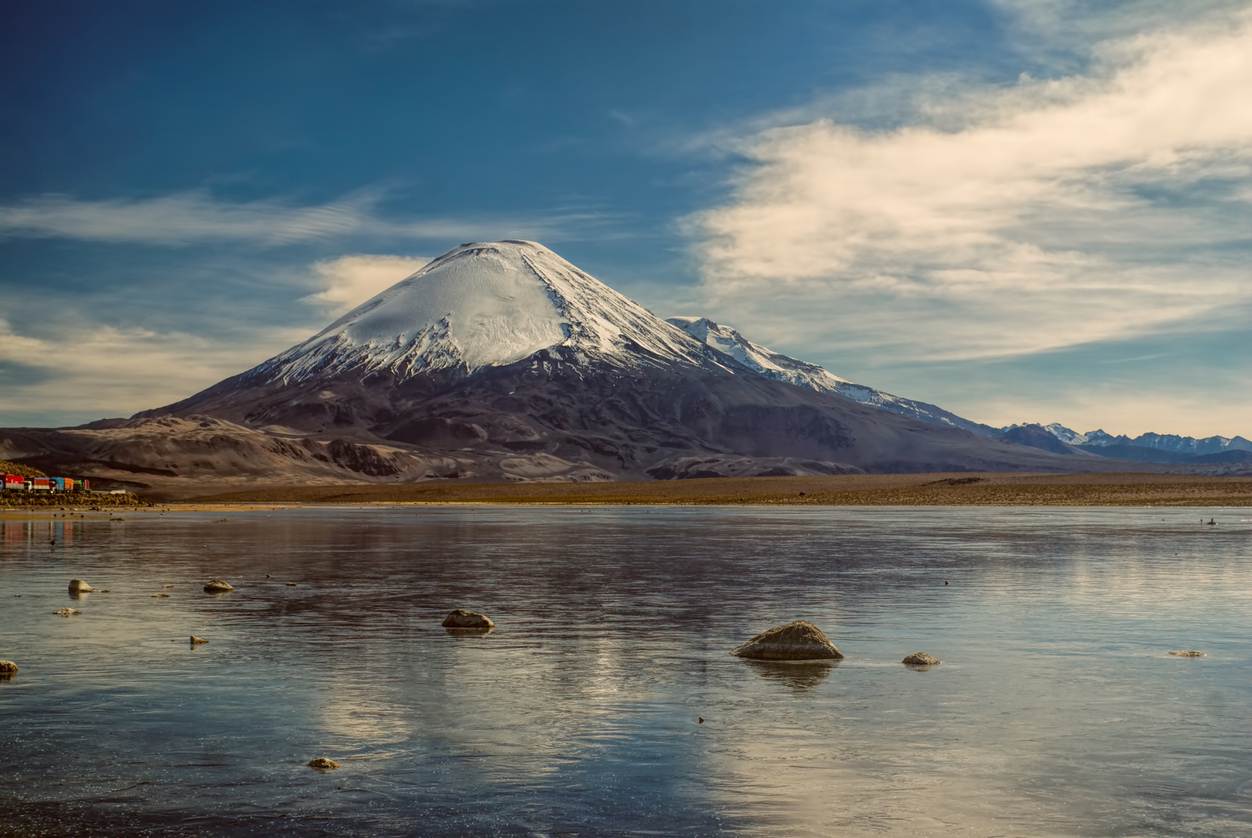 Picturesque view of Nevado Sajama volcano, highest peak in Bolivia in Sajama national park