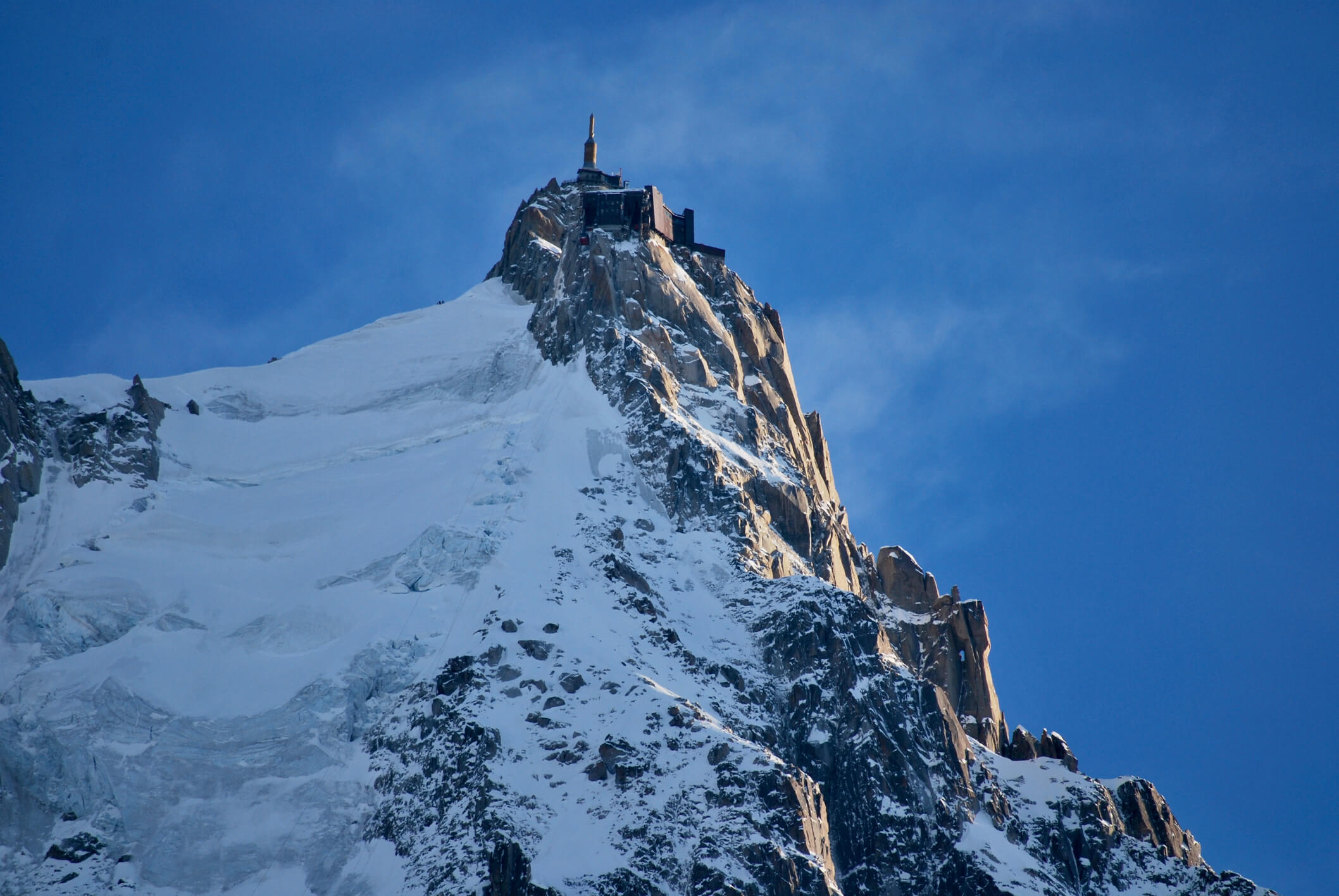 Pictured: The North Face of Aiguille du Midi. The Mallory descends through the rocky rib in the centre of the shot