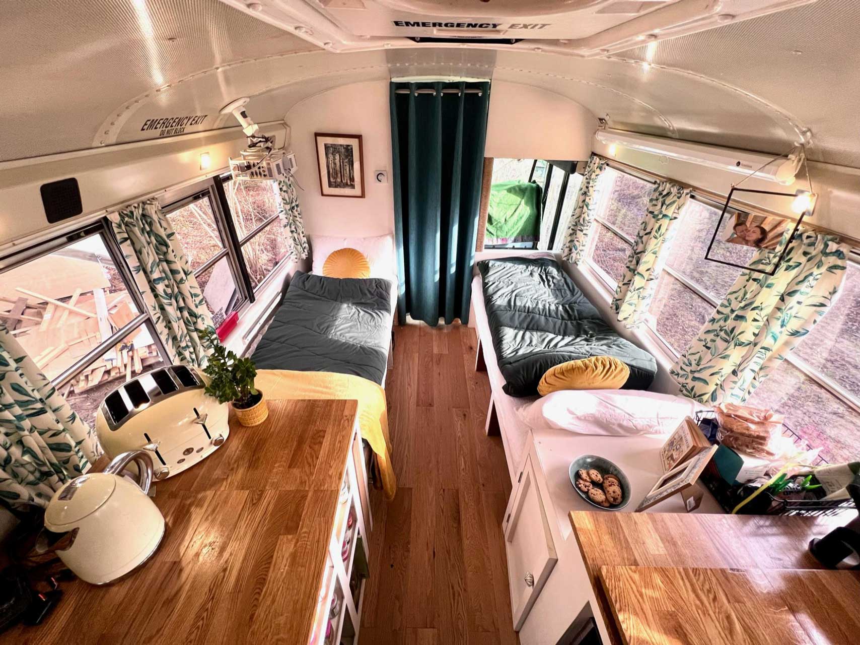 Interiors of the Moat Wood converted American school bus