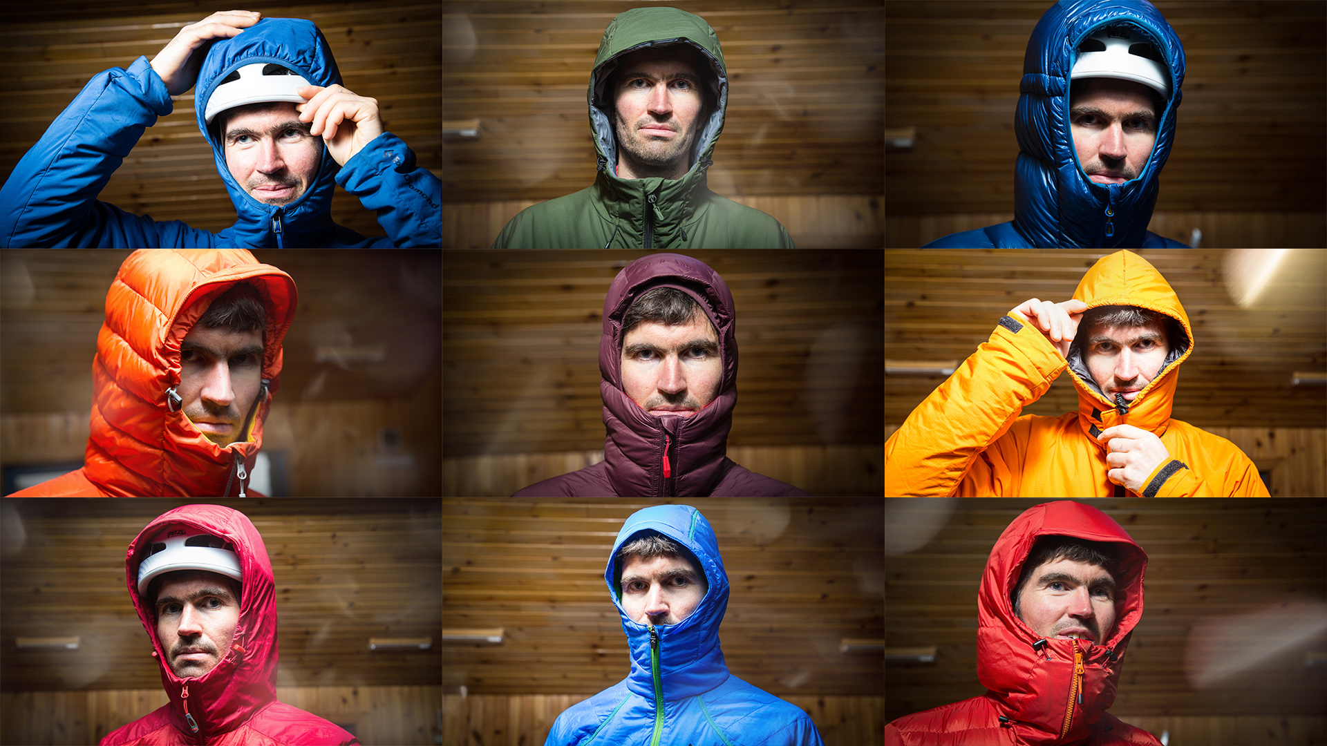 Montage of nine down jacket hoods in the CIC Hut, Ben Nevis