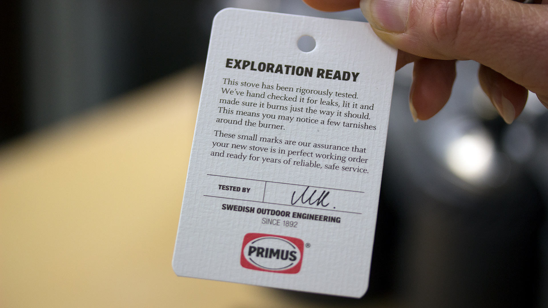 The Exploration Ready tag is added to all Primus stoves after they've been hand-tested to explain that any minor tarnishing is due to this process - image: Jon