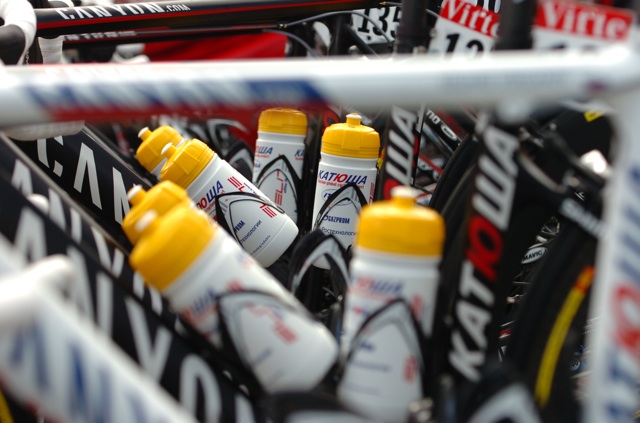 Water bottles on the Canyon bicycles of the Katusha road team