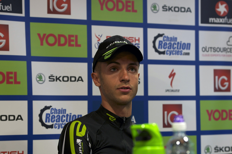 Cyclist, Jon Tiernan-Locke, wearing the black and green of Endura Racing